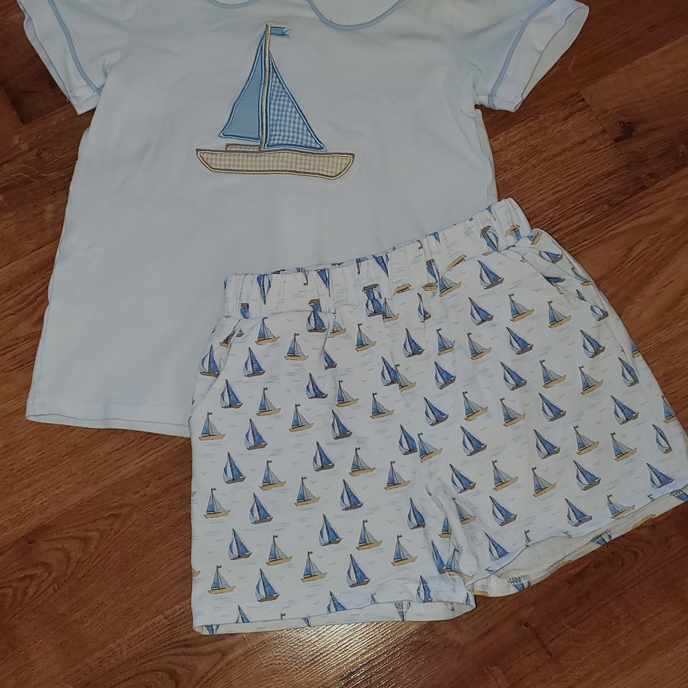 Stitchy Fish Size 5 Kids Light Blue Sailboat Beach Lounge Pajama Set Vintage - Picture 2 of 10